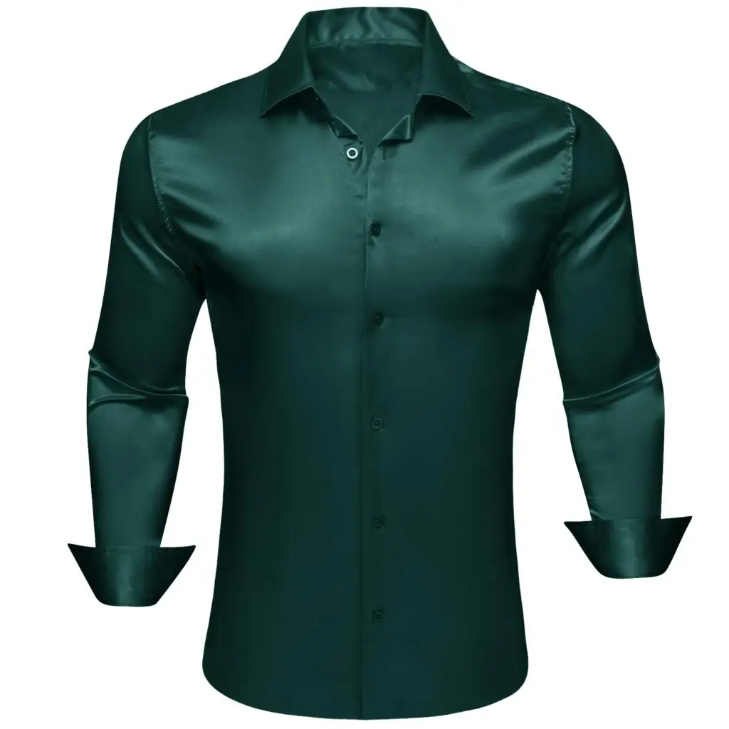 

Designer Shirts for Men Silk Satin Dark Green Solid Plain Long Sleeve Slim Male Blouse Casual Tops Breathable Barry Wang