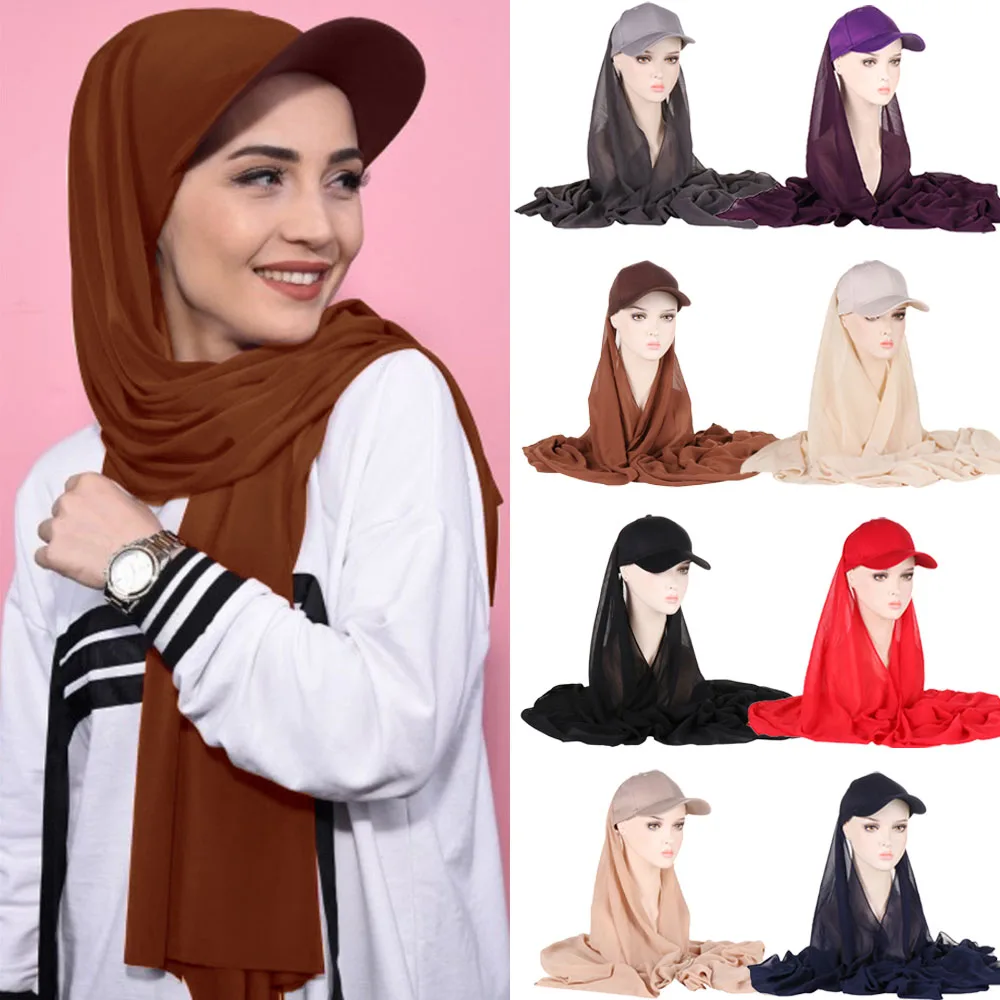 Musilm Women Chiffon Hijab With Base Ball Cap Summer Sports Cap With