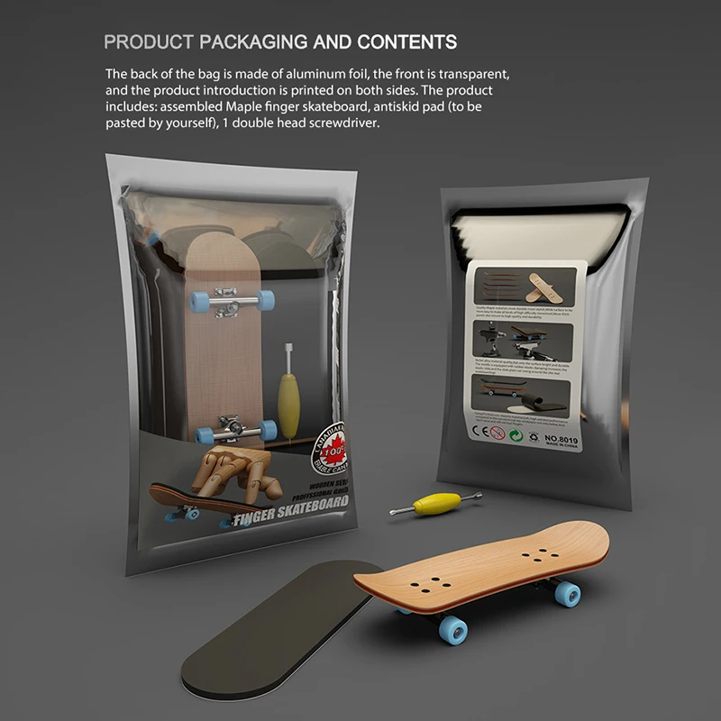 Picture of the product packaging and contents of the mini skateboard