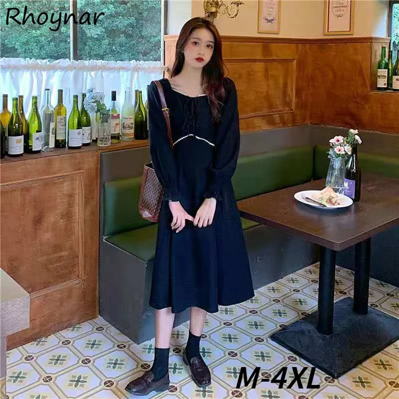 

Long Sleeve Dress Women Y2K Youth Leisure Trendy Holiday Party Mid-Calf High Waist Square Collar Newest Autumn Hot Sale Vintage