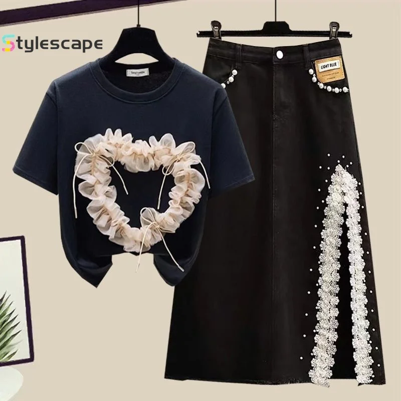 2024 Summer New Set Skirt Fashionable Short Sleeved Top Split Denim Skirt Slim and Elegant Women's Two Piece Set