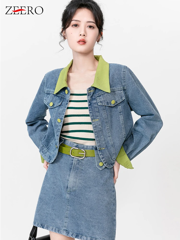 

Женский винтажный комплект из 2 предметов, повседневная короткая джинсовая куртка в стиле пэчворк и мини-юбка с высокой талией и наряды с поясом на осень и весну