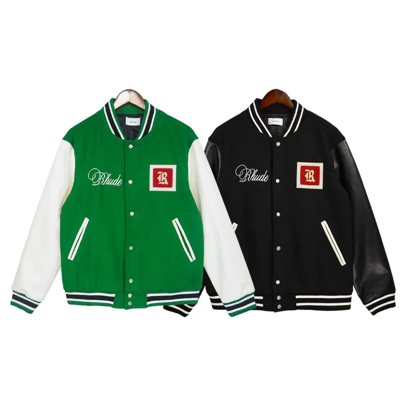

23SS Embroidery Leather Sleeve Baseball Jacket Rhude Jackets Men Women EU Size Heavy Fabric Rhude Coat Autumn Winter