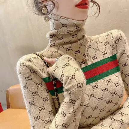 Suéteres de punto con letras a rayas elásticas suaves y vintage para mujer, jersey de cuello alto ajustado y cálido para viajar al trabajo, otoño e invierno, novedad