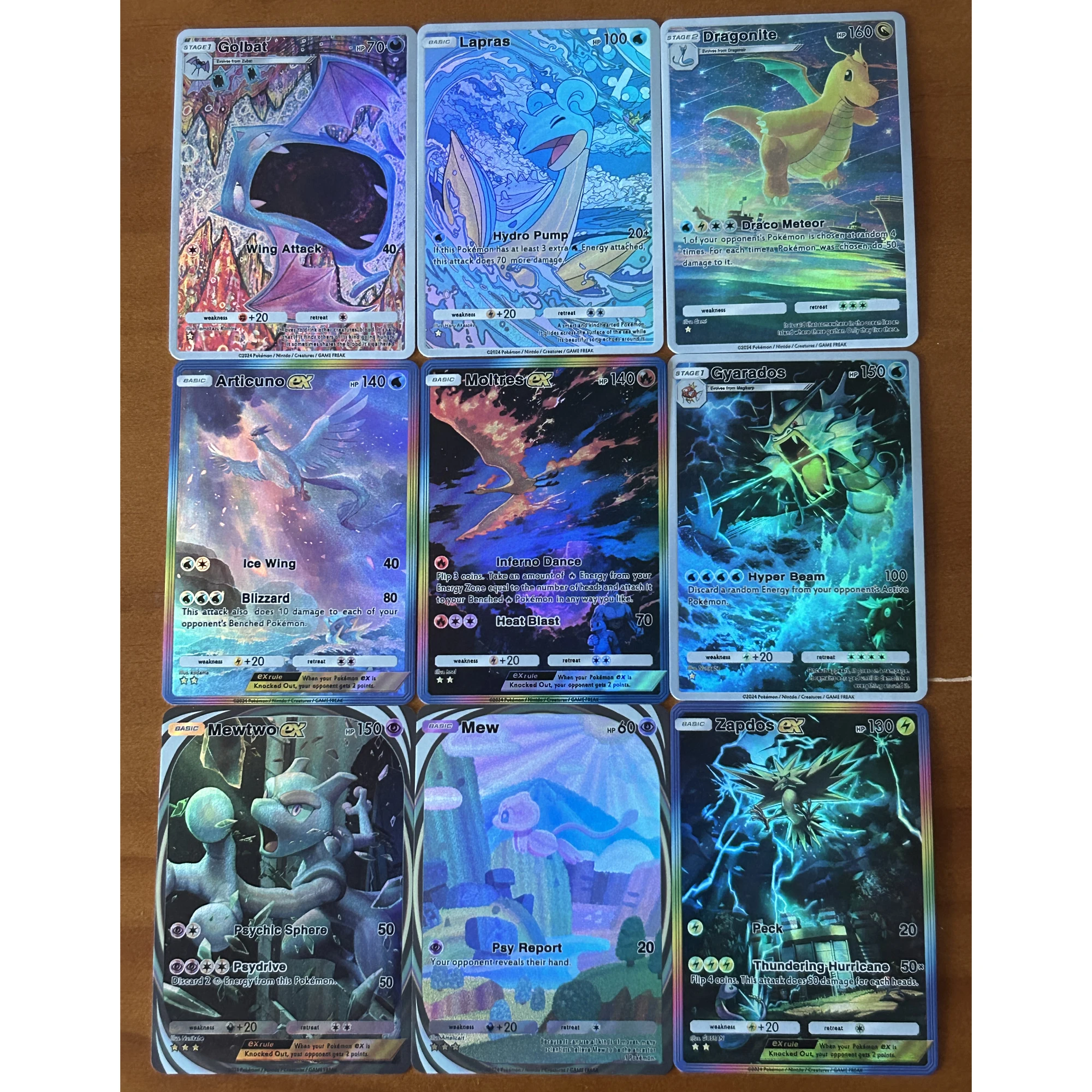 9Pcs/set Ptcg Mew Mewtwo Zapdos Gyarados Lapras English Version Texture Flash Card Classic Anime Game Collection Cards Gift Toy
