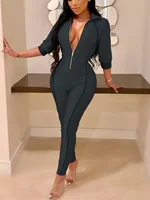 Solid Zipper 3/4 Sleeve Skinny Jumpsuit, Sports Long Length Sexy Party Jumpsuit, Women's Clothing - Image 6