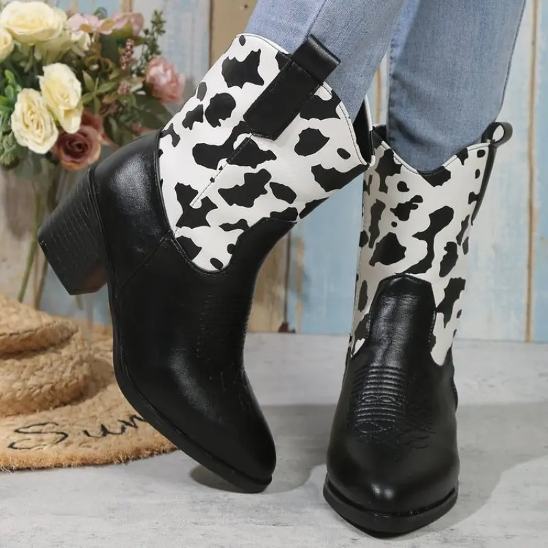 Cowboy Boots for Women Embroidered Pointy Toe Square Heeled Knee-high Western Cowgirl Boots Women Shoes Comfymfy Black white New
