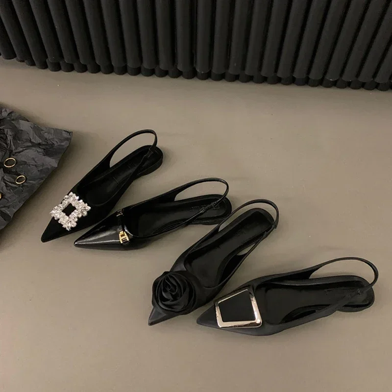 2024 Summer Design Women Sandals Shoes Fashion Rhinestone Slip On Flats Heels Ladies Pointed Toe Elegant Slingback Sandals