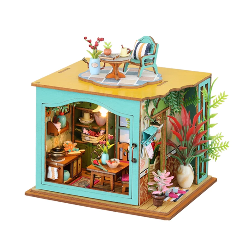 

DIY Mini Casa Wooden Miniature Building Kits Doll Houses with Furniture Light Flower Bedroom Kitchen Dollhouse for Adults Gifts