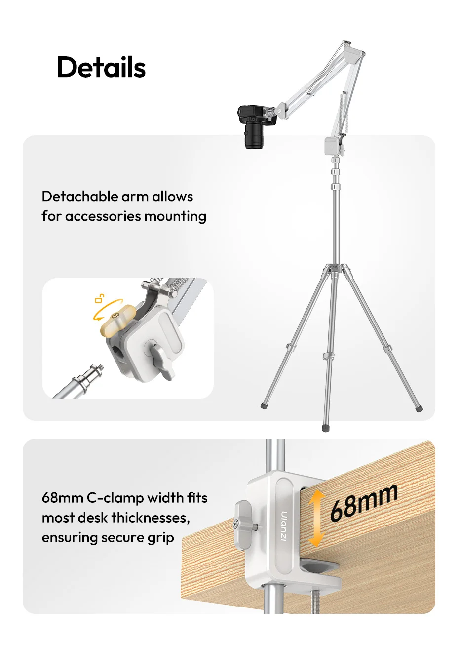 Overhead Camera Mount Microphone Stand Detachable C-clamp 2KG Load for Camera Mi