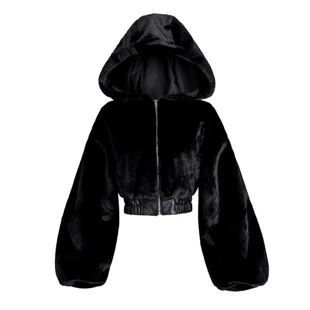 Women Winter Faux Fur Jacket Short Coat  Thick Warm Fashion Gothic Casual Zipper Jackets Black Hooded Outwear Oversize Coats