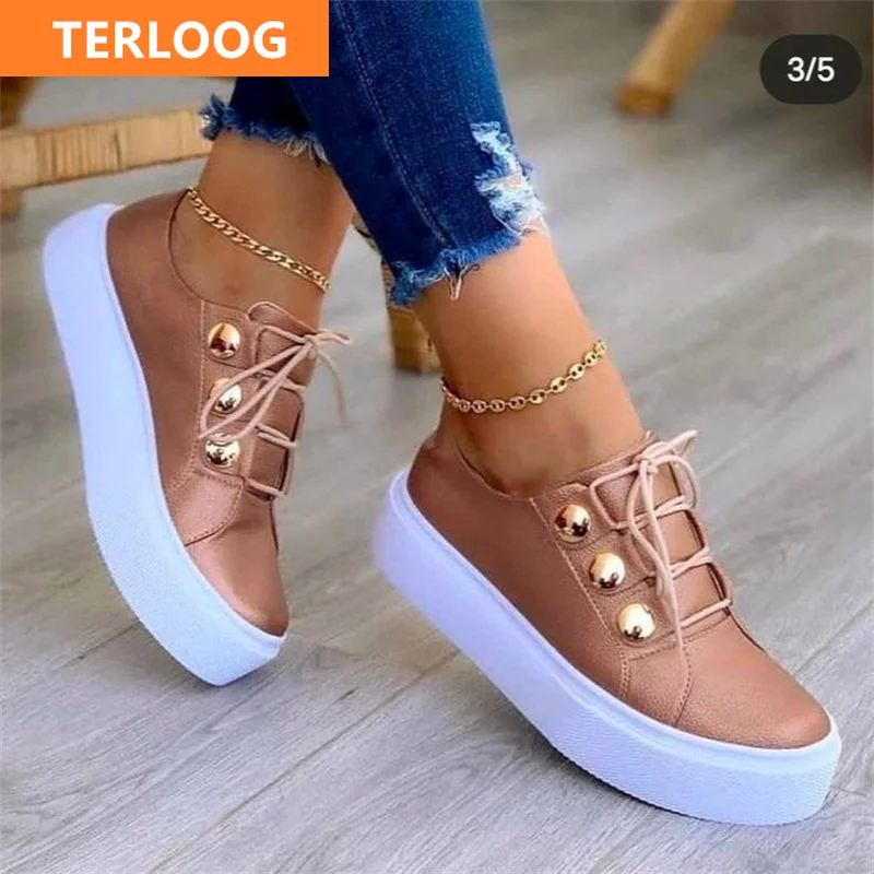 Womens Ladies Casual Buckle Flat Lace Up Platform Trainers Sneakers Shoe Walking 