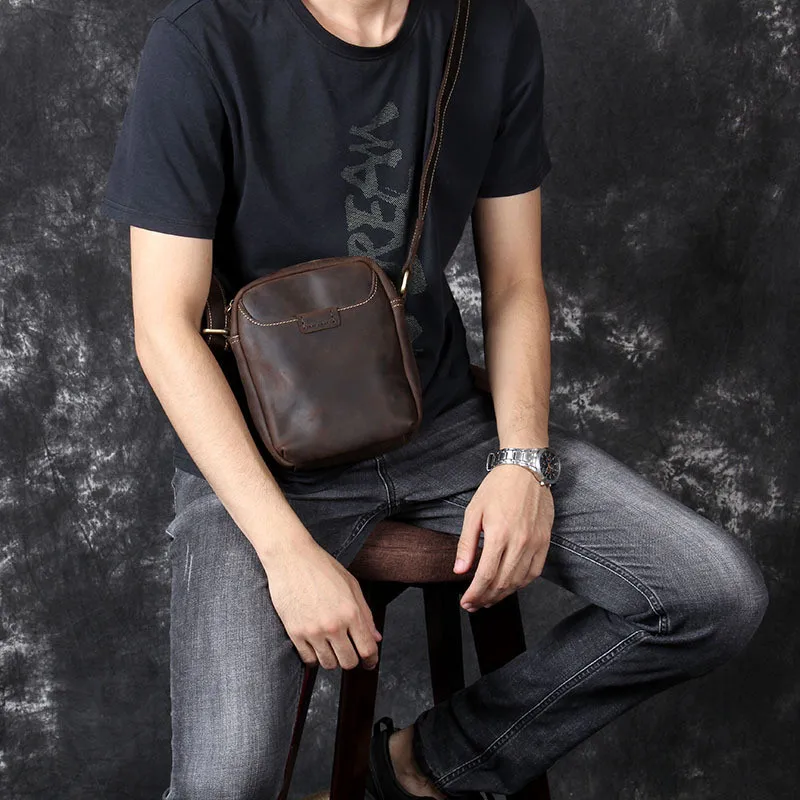 Vintage fashion crazy horse cowhide men's phone bag daily outdoor work weekend genuine leather small shoulder crossbody bag