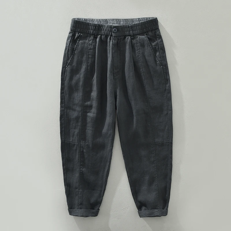

100% Linen New Style Ankle-Length Quality Pants Men Brand Trendy Breathable Loose Trousers Elastic Waist 29-36 Pantalones Hombre