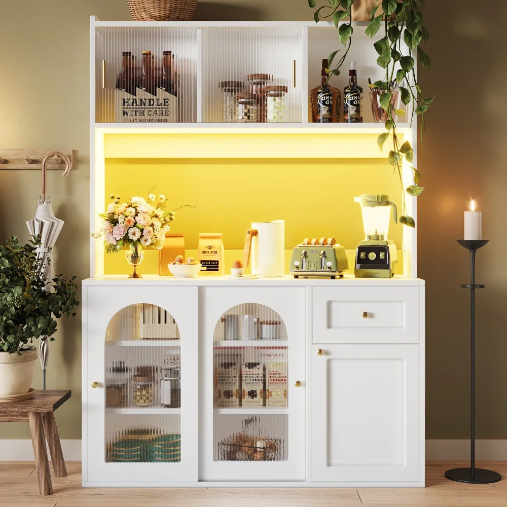 Küchenschrank, Herdplatte, Vitrine, Buffetschrank mit verstellbaren Regalen, Esszimmerschrank, Sideboard mit LED-Beleuchtung, Weiß – Detail 3