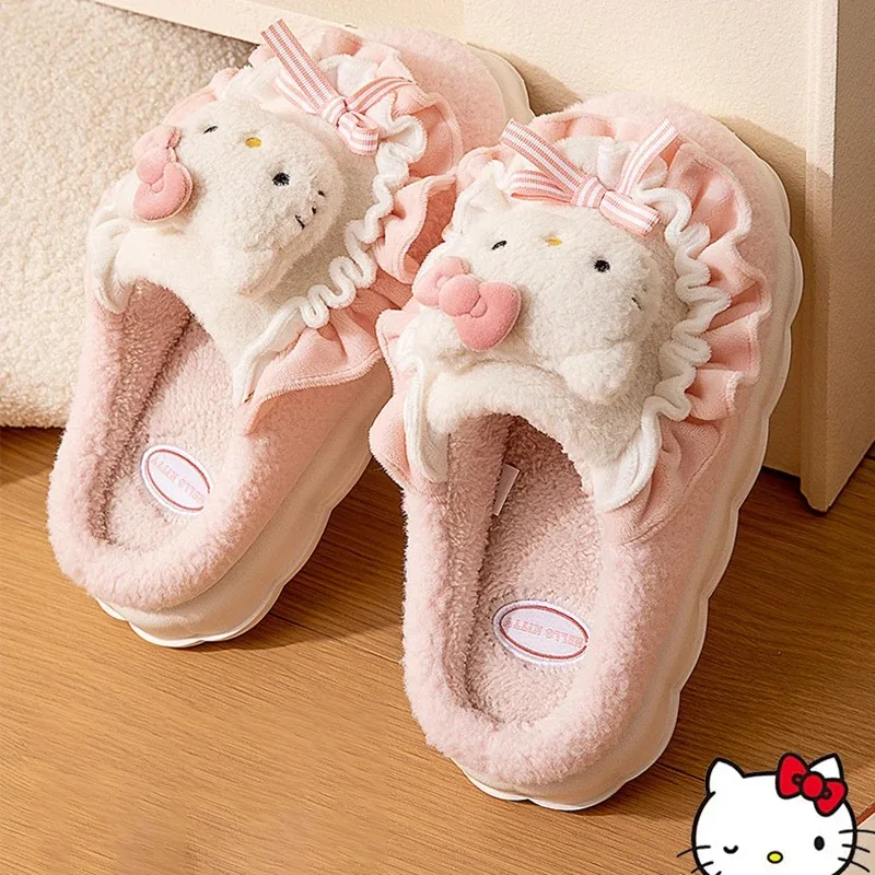 Kawaii Sanrio Hello Kitty Fuzzy Slipper Cinnamoroll Kuromi My Melody Women Winter Plush Non Slip Slippers Cute Home Flat Shoes