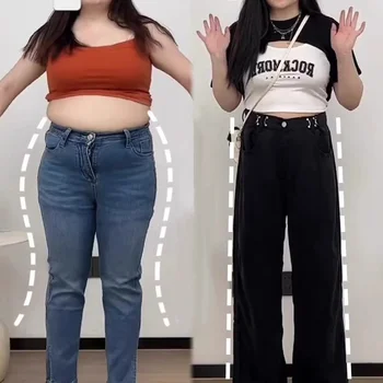 블랙 와이드 레그 청바지 여성 가을 플러스 사이즈 뚱뚱한 소녀 mm 디자인 하이 웨이스트 스트레이트 느슨한 슬리밍 걸레 바지