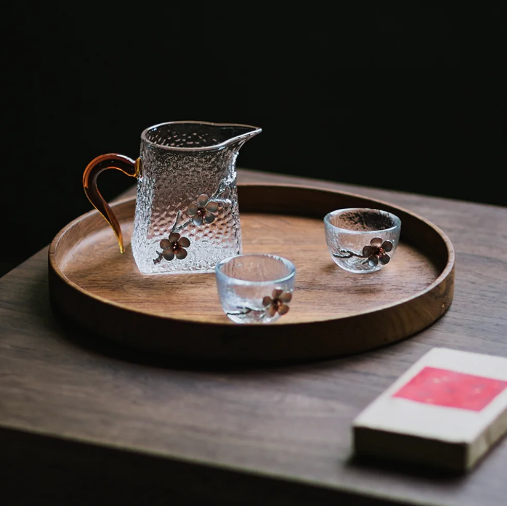 Japanese Heat Resistant Large Glass Teapot with Handle Creative 3D Plum Teacup Transparent Hammer Pattern Tea Cup