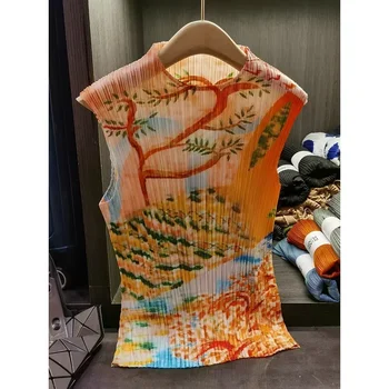 Pleats Original Design T-shirt 2025 Summer Pleated Flower Print Tops Casual Fashion Appear Thin Loose Retro Womens Clothing 1
