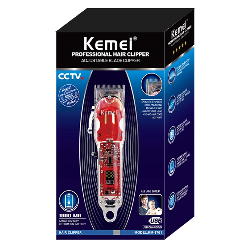 Kemei 1761 남성용 전문 무선 헤어 클리퍼 리튬 수염 헤어 트리머 전기 헤어 커팅 머신 충전식