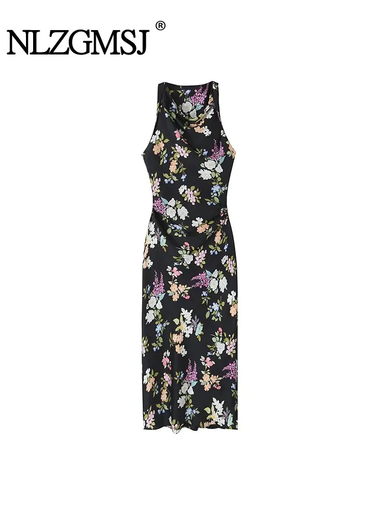 

Nlzgmsj TRAF Printed Long Dresses For Women 2023 Midi Dress Female Sexy Sleeveless Party Dresses Woman Round Neck Dress
