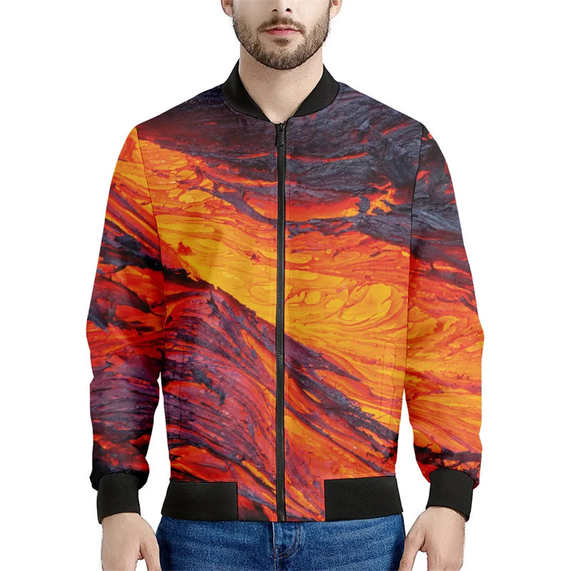 

Volcano Eruption Magma 3d Printed Jackets Men Long Sleeve Loose Sweatshirt Cool Casual Bomber Zipper Jacket Streetwear Tops Coat