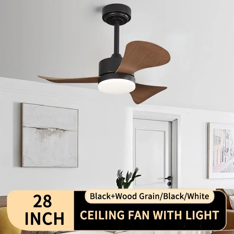 28 IN small modern ceiling fan light with LED 6-speed high wind 3 walnut leaves and remote control, bedroom, living room, indoor