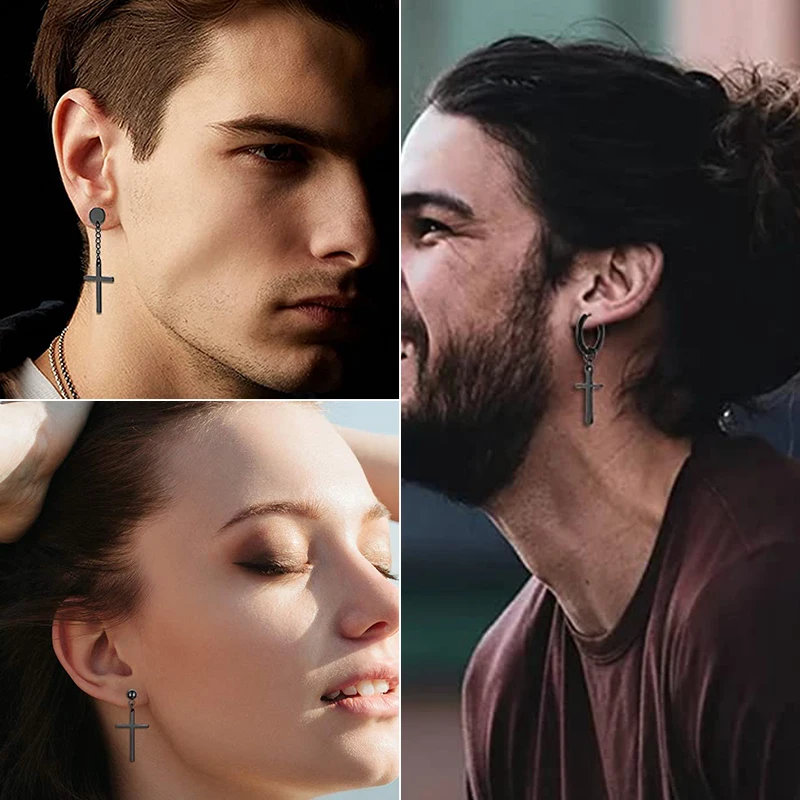 1/16 pairs Black Punk Stainless Steel Women Men Hoop Earrings Small Trendy Round Cross Pendants Jewelry Accessories Earrings 2