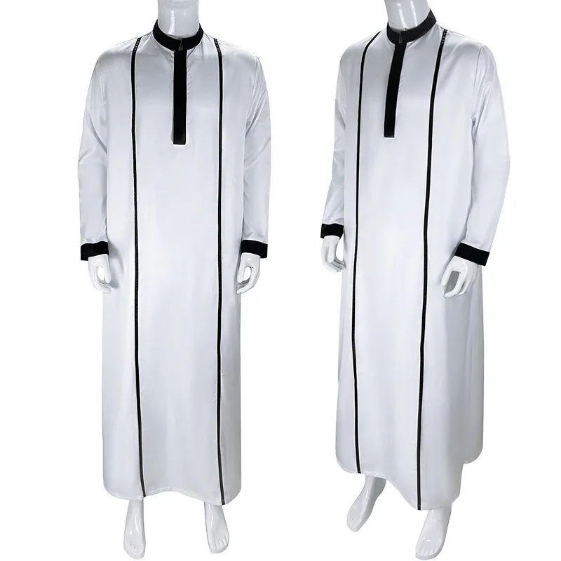 thumbnail image 1 of Túnica musulmana árabe blanca para hombre, Jubba Thobe, manga larga, caftán abaya islámico paquistaní para hombre, ropa holgada con cuello alto, 1 of 4