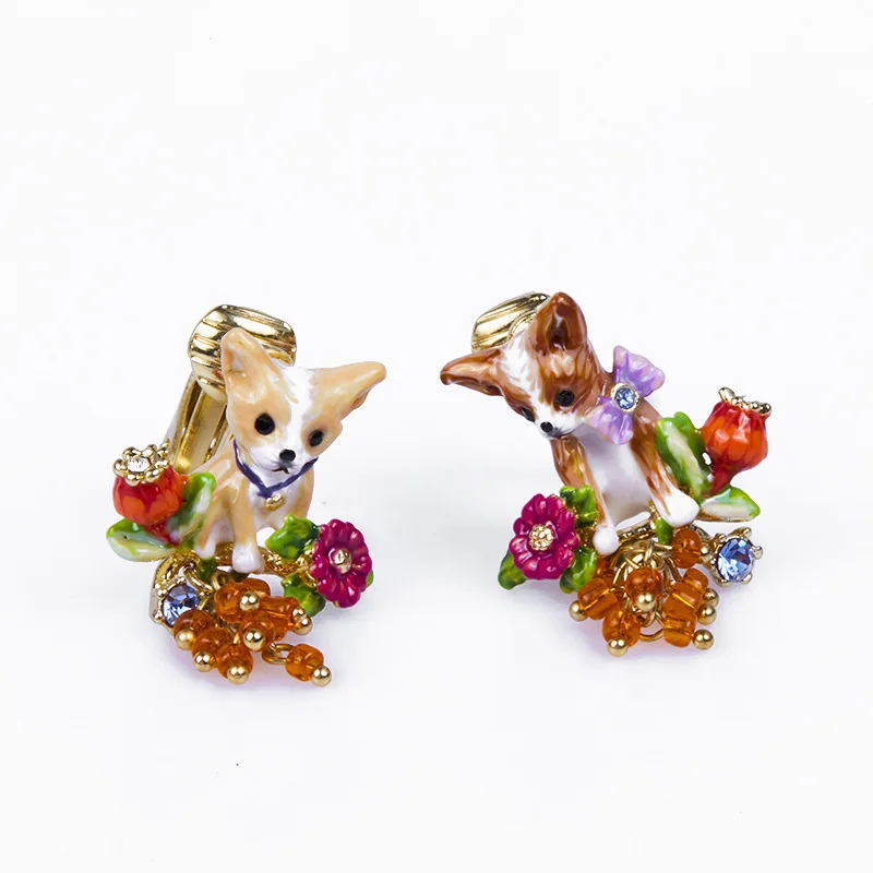 Cute Exquisite Fashion Enamel Glazed Chihuahua Puppy Dog Flower Wheat Glass Tassel Asymmetric Earrings Ear Studs Clip Japanese