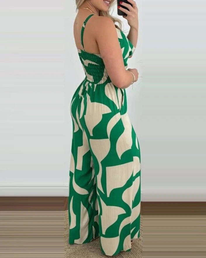2024 Summer Fashion Womens Jumpsuit Casual All Over Print Spaghetti Strap Ruched Cowl Neck Shirring High Waist Wide Leg Jumpsuit