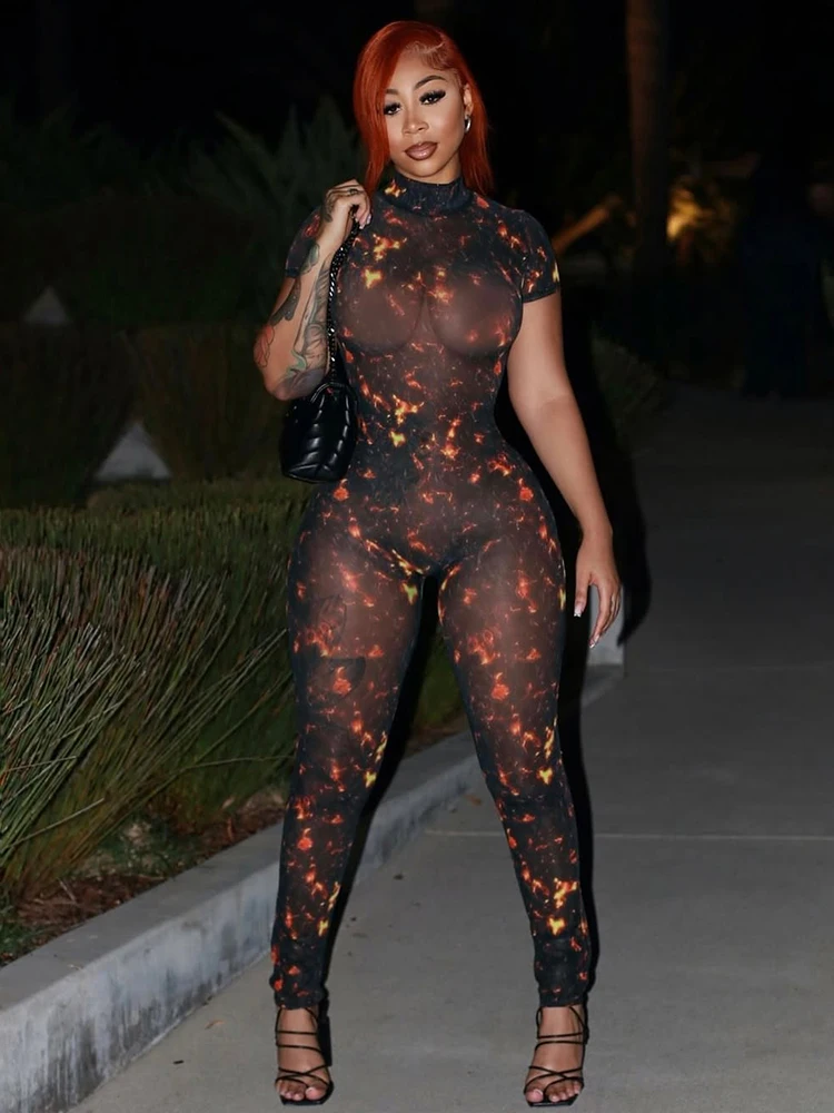 Nibber Colorful Print Jumpsuit Women Mesh  See Through Coquette Summer Backless Peach Buttocks Tight Activity Clubwear Overalls