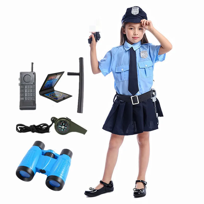 

Girls Police Officer Costume Halloween Dress Up for Kids Cop Costume with Pistol, Walkie-talkie, Whistle, Handcuffs, Gift