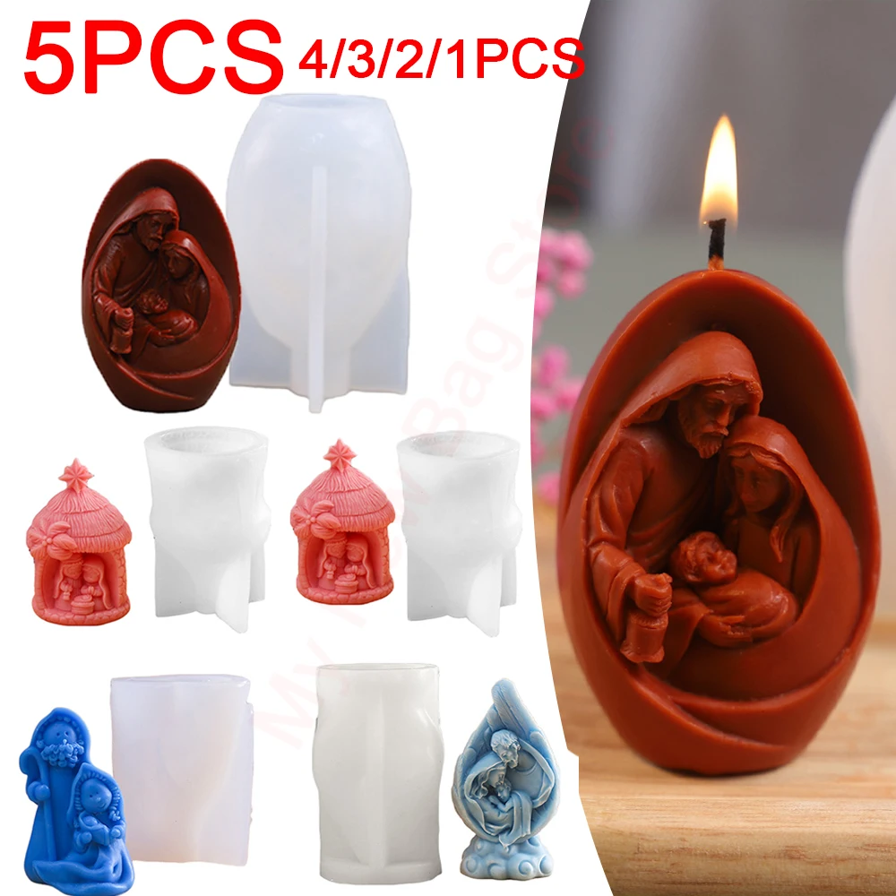 1-5PCS Holy Family Nativity Set Candle Mold Resin Epoxy Plaster Silicone Mould Jesus Virgin Mary Christmas Gift DIY Wax Tool