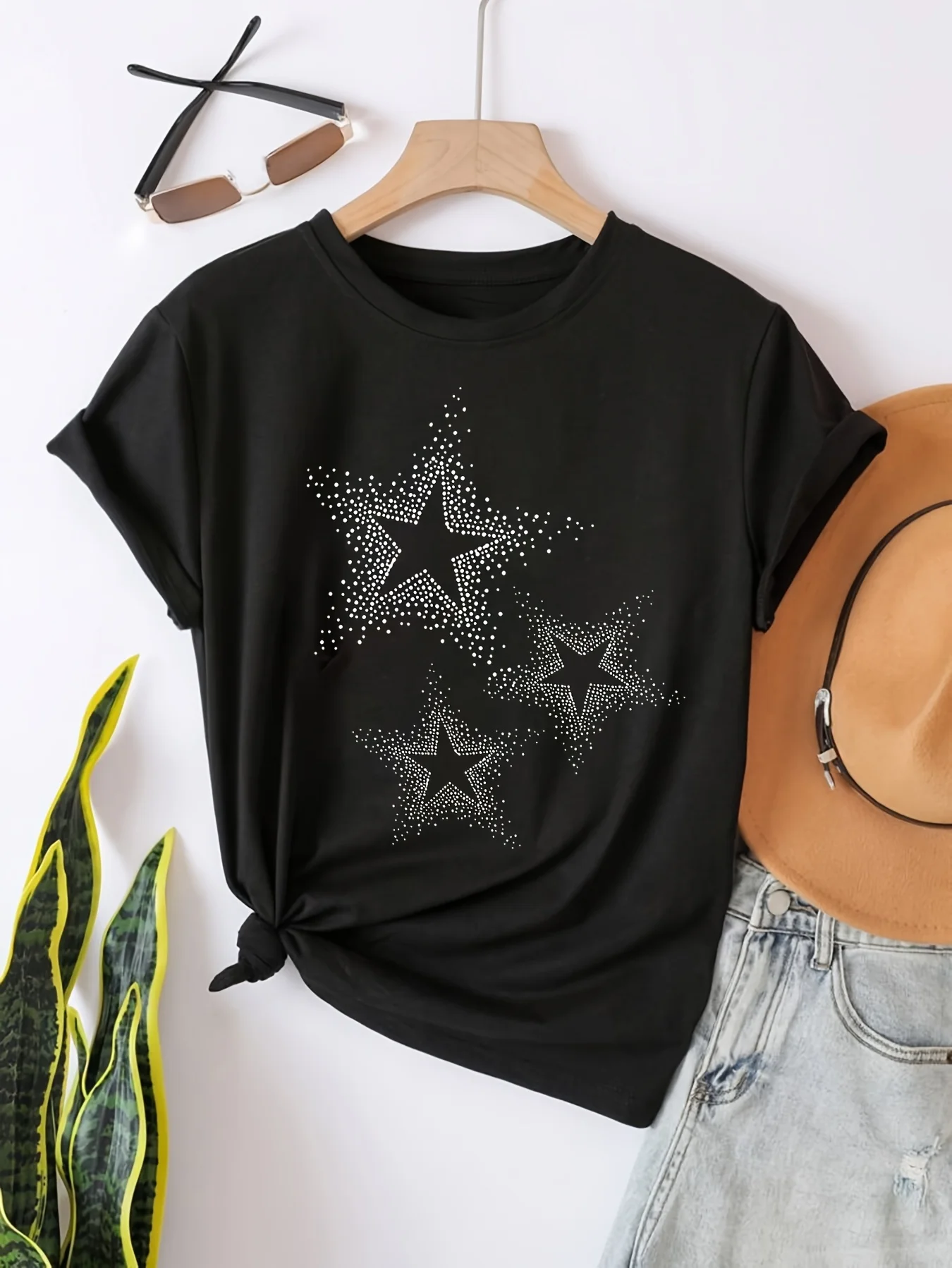 Women's Casual Short Sleeve T-Shirt - Black with White Star Print Round Neck Top for Spring & Summer Machine Washable 2