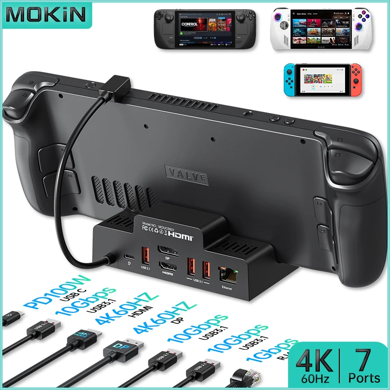 

MOKiN 7 in 1 Docking Station - USB3.1, HDMI 4K60Hz, DP 4K60Hz, PD 100W, RJ45 1Gbps - Designed for Steam Deck, ROG Ally, Laptop