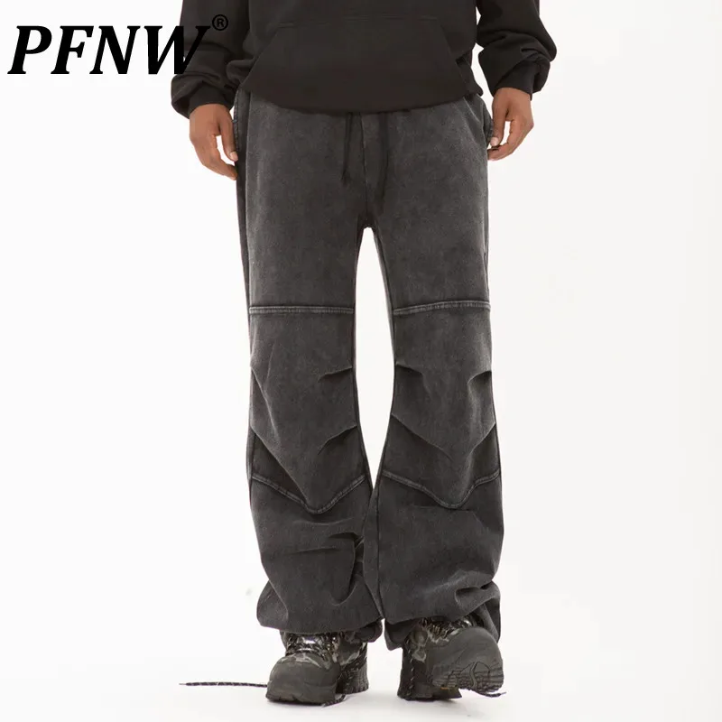 

PFNW Washed Distressed Casual Pants Men's Tide Hip-hop American Style Knee Pleated Splicing Drawstring Straight Trousers 12Z7223