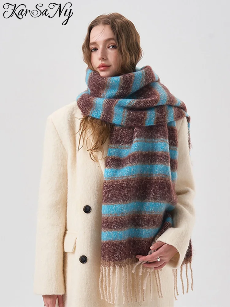 

Windproof Rainbow Stripe Scarf Women Winter Thicken Warm Scarves With Tassel Soft Long Luxury Scarves For Women Pink