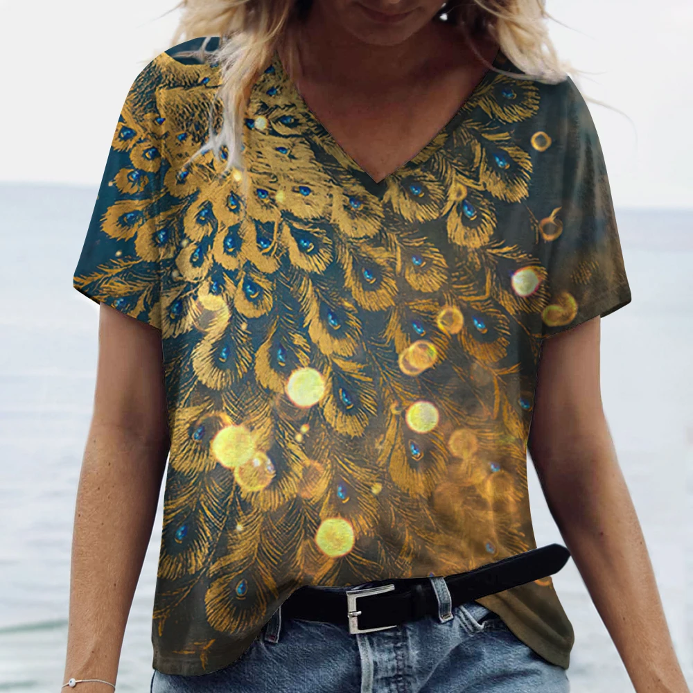 Summer V Neck Women T-Shirts Peacock Feather Graphic Fashion