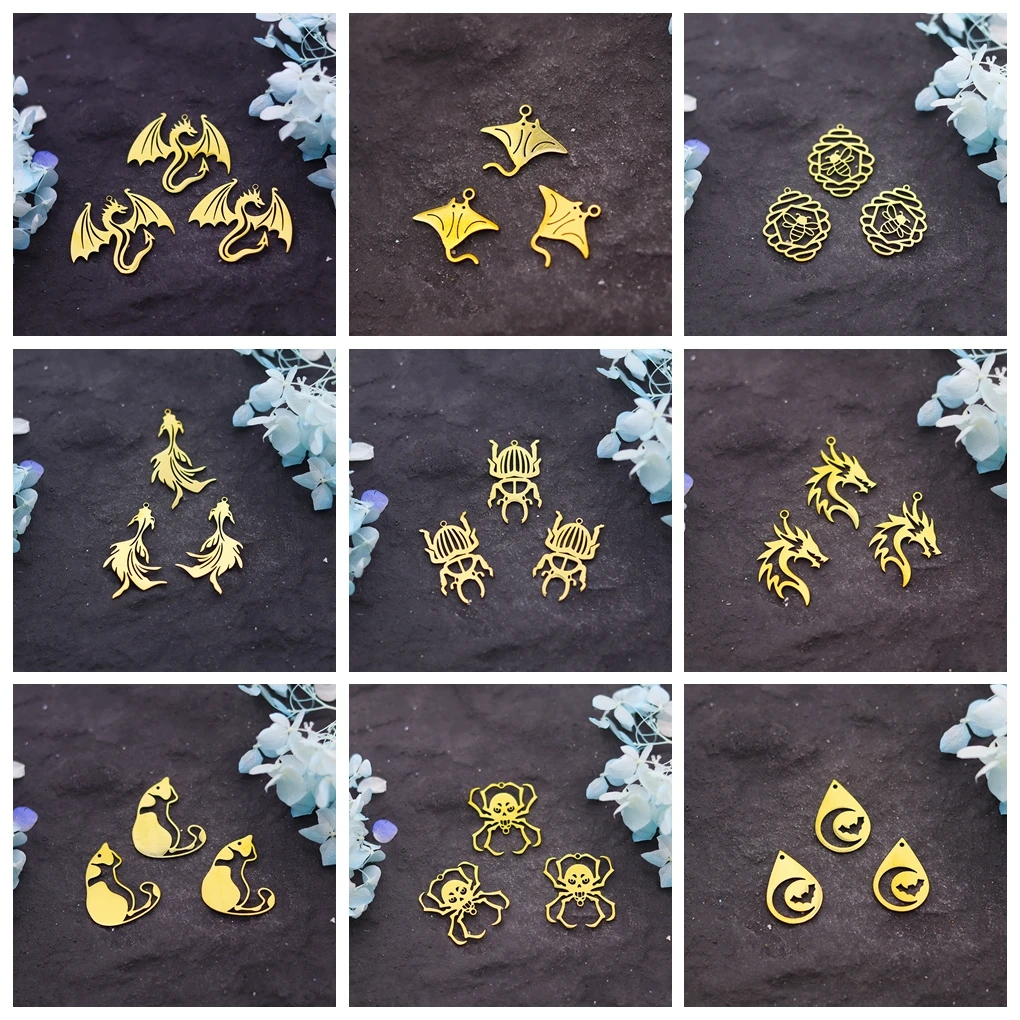 3pcs 나비 나방 고래 물고기 꼬리 공룡 딱정벌레 매력 스테인레스 스틸 곤충 펜던트 Diy 목걸이 팔찌 쥬얼리 만들기