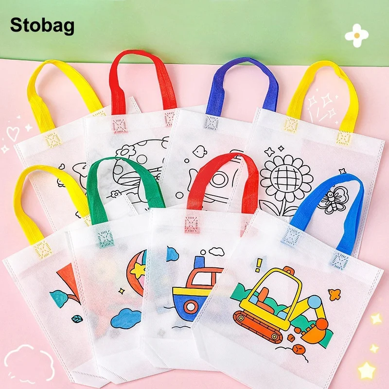 

StoBag 10pcs Cartoon Painted Drawing Non-woven Tote Bags DIY Handmade Kids Child Fabric Art Storage Handbag Reusable Pouches