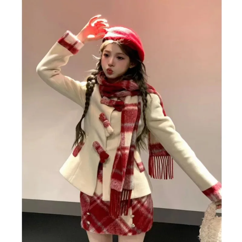 

Miiiix Korean Fashion Christmas Contrasting Woolen Jacket Winter New A-line Skirt+scarf Three Piece Set Female Clothing