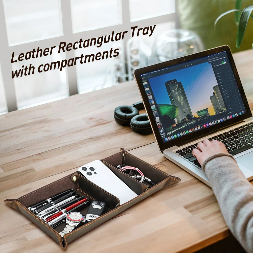 Genuine Leather 3 Grids Desk Tray Home Office Accessories Durable Storage Organizer for Car Keys Jewelry Glasses Watch Phone Pen
