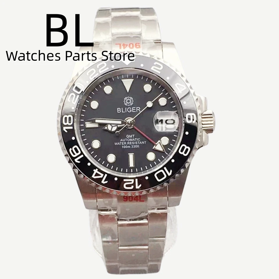 Bliger Nero 24 Ore Lunetta Gmt Orologio Per Uomo Quadrante Nero Rosso Gmt Mani Vetro Zaffiro Braccialetto Ostrica Chiusura Glide Waterproofdate