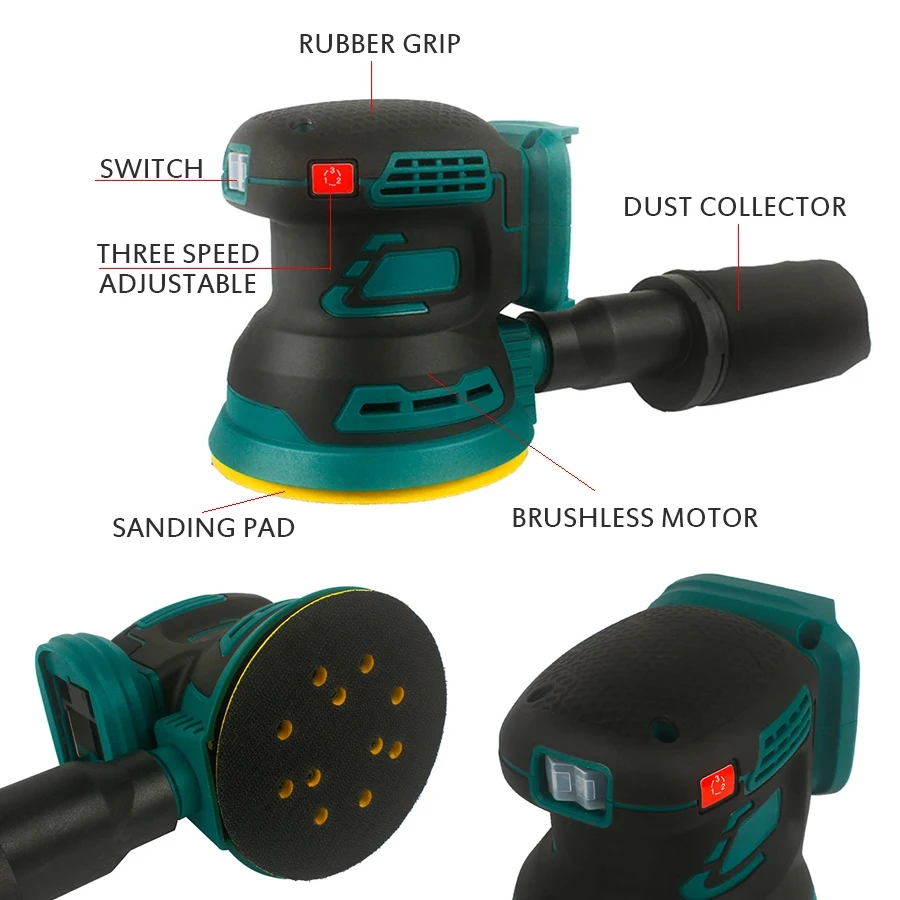 Mini Brushless Electric Sander 125mm 3 Speed Adjustable Wood Grinder Polishing Sanding Machine for Makita (No Battery)