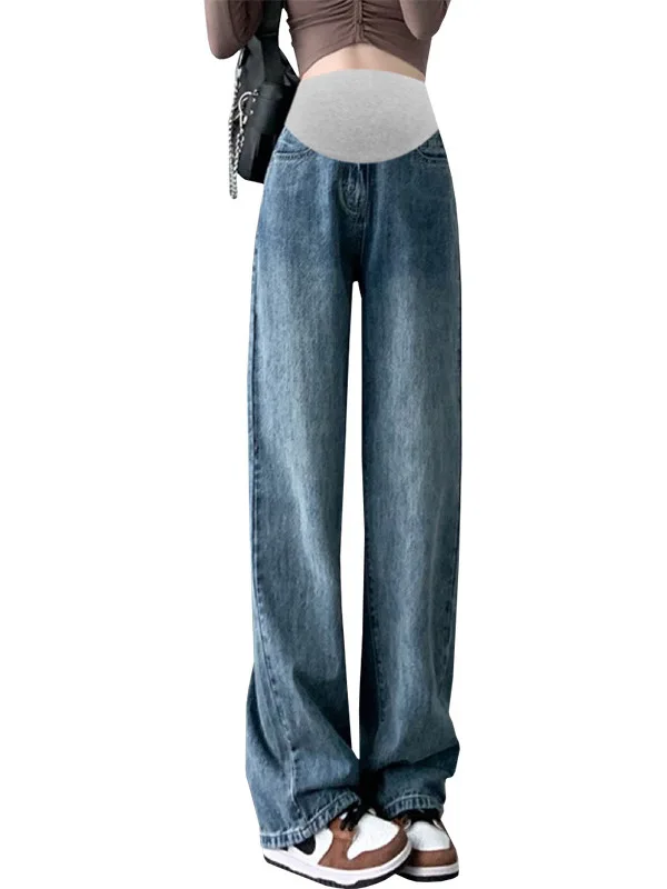 화이트 임부용 청바지 하이웨이스트 확장형 루즈핏 배 받침 슬리밍 롱 와이드 팬츠 봄 가을 여름