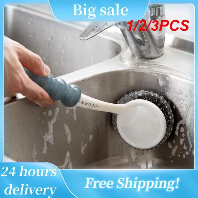 

1/2/3PCS Wire Ball Brush Plastic Household With Handle Cleaning Effort Long Handle Kitchen Supplies Cleaning Brush Kitchen