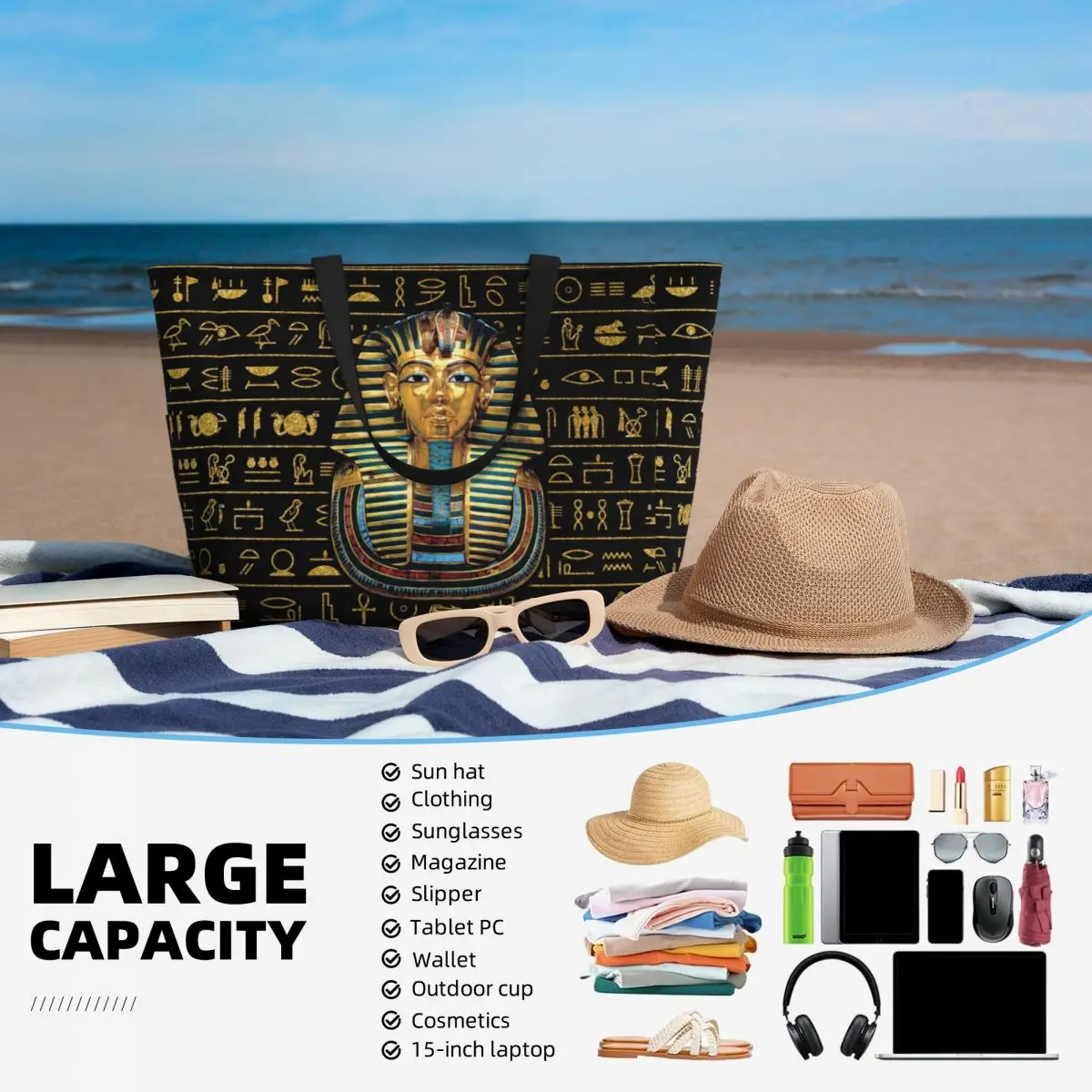 Custom Large Ancient Gold Pharaoh Egypt King Tut Tote Bag for