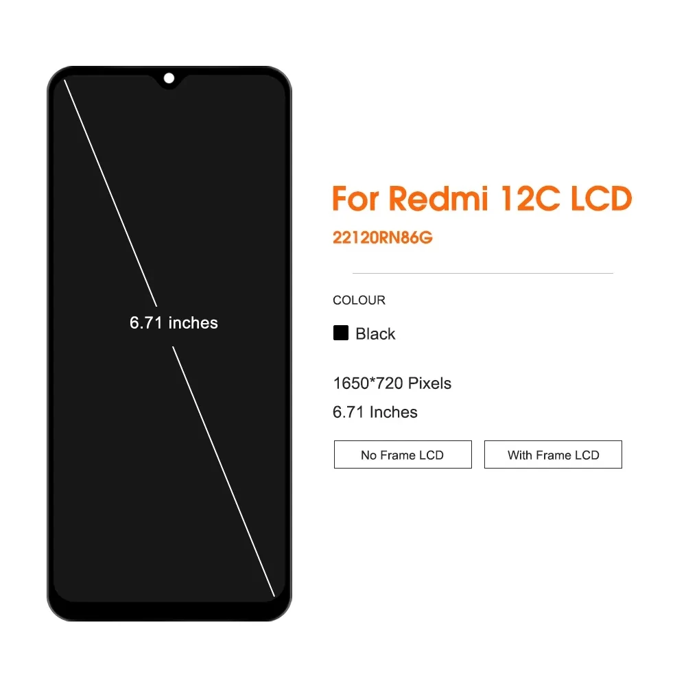 Original For Redmi 12C LCD Display, with Frame,22120RN86G Touch Screen Digitizer Asembly 6.71