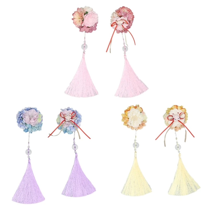 Long Tassel Flower Hair Clip with Tassel Pendant Ponytail Holder Lolita Flower Hairpin Floral- Cosplay Accessories